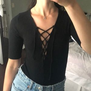 BOUTIQUE Black Ribbed Tie Front Bodysuit